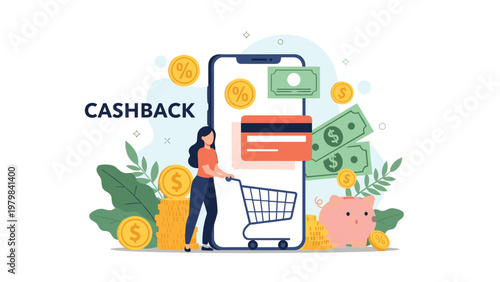Online shopping and cashback rewards concept features a woman with a cart next to a large smartphone and piggy bank.