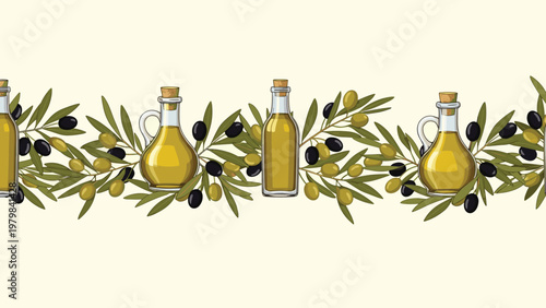 Beautiful seamless border illustration showcases glass bottles of golden olive oil surrounded by fresh green branches.