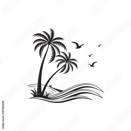 Black silhouette of two palm trees on a tropical island with waves and birds flying overhead isolated on white background