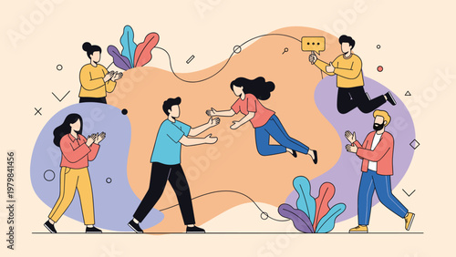 Diverse group of people work together to support and catch a teammate during a creative collaboration exercise.