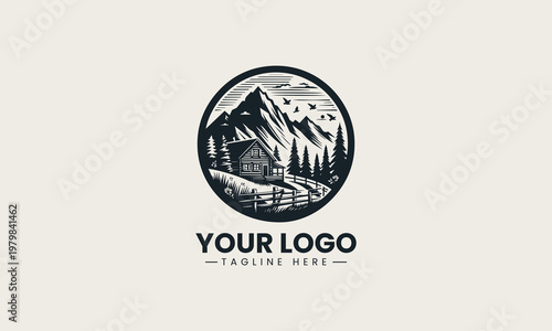 Rustic mountain cabin landscape vector logo is designed with pine trees and wooden fence for outdoor adventure branding