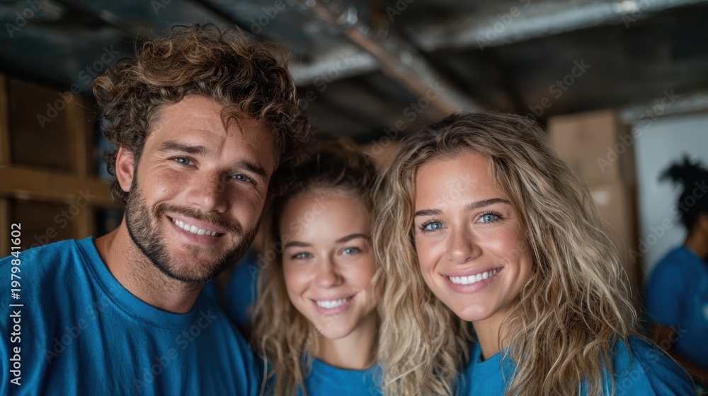 Fototapeta premium Three friends pose joyfully in matching blue T-shirts, capturing the essence of friendship, unity, and community engagement in a vibrant and warm atmosphere.