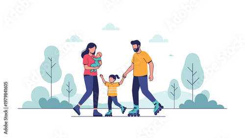 Active family with parents and children enjoys a day of rollerblading through a green park with trees and bushes.