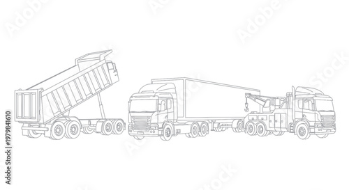 Line art illustration of three different trucks: dump truck, semi-trailer, tow truck