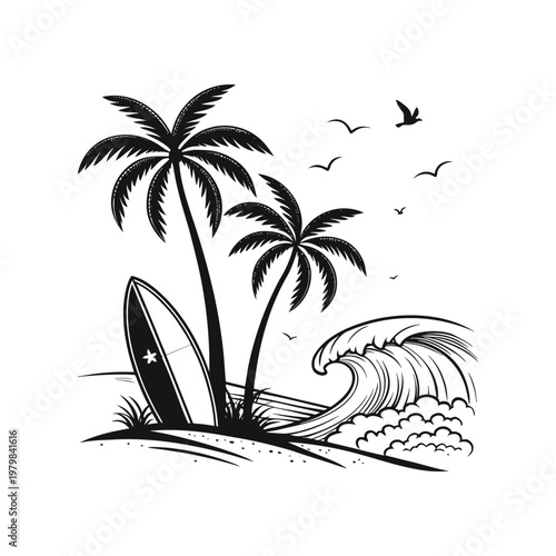 Surfing Scene with Palm Trees, Surfboard, and Crashing Wave, Tropical Beach Illustration