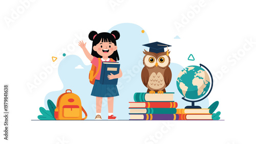 Young student girl waves hello standing next to a wise owl in a graduation cap and a stack of books for school.