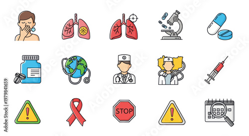 Medical Icons Set: Lungs, Doctor, Pills, Syringe, Globe, Microscope, Warning Signs