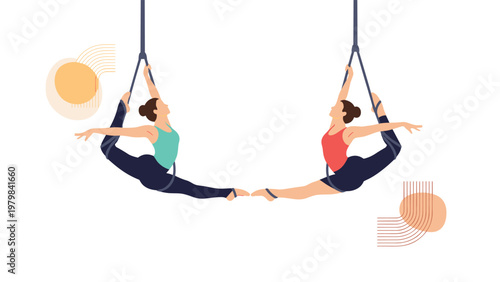 Two graceful acrobats perform elegant aerial yoga or gymnastics on hanging hoops against a clean white background.