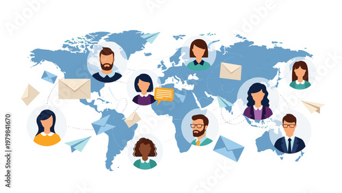 Global networking concept shows diverse people avatars and flying envelopes over a blue map of the entire world.