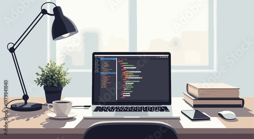 Modern Laptop Setup with Desk Lamp and Coffee.