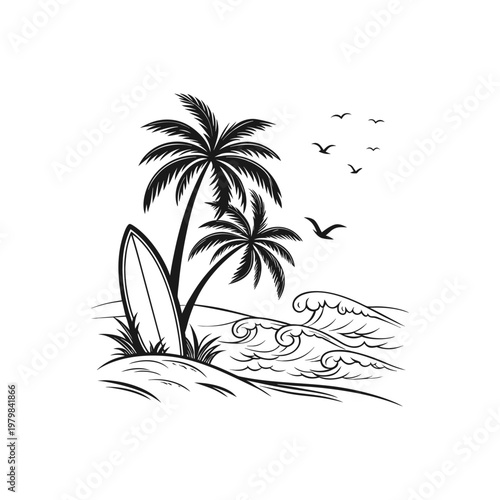 Black and white illustration of a surfboard leaning against palm trees on a beach with ocean waves and birds flying.
