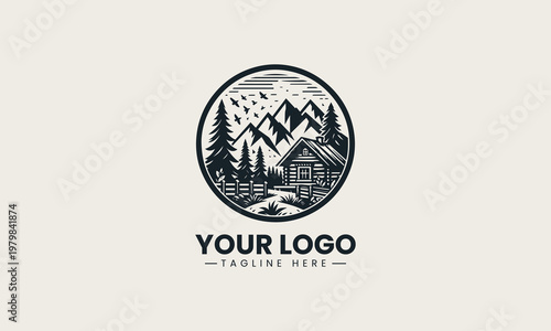 Rustic mountain cabin landscape vector logo is designed with pine trees and wooden fence for outdoor adventure branding