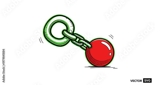 Red ball and chain, abstract vector illustration of constraint and freedom