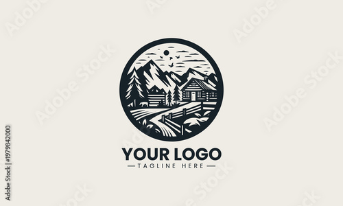 Rustic mountain cabin landscape vector logo is designed with pine trees and wooden fence for outdoor adventure branding