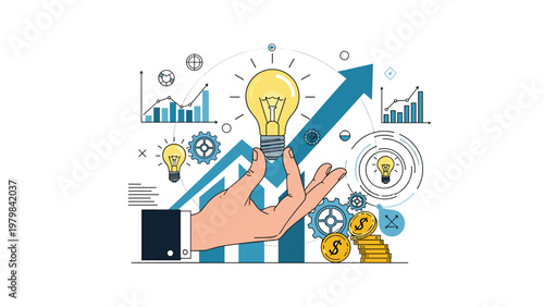 Hand holds a lit lightbulb over a financial growth chart to symbolize a creative idea that leads to business success.