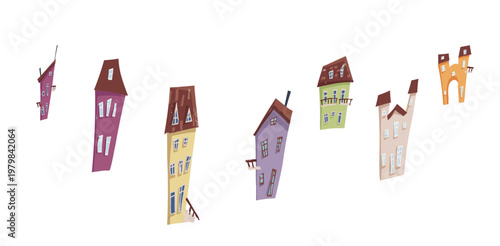 Cute cartoon architecture illustrating whimsical, crooked houses, narrow buildings, and colorful apartments, creating a playful fantasy town concept for children's designs and fairy tale backdrops