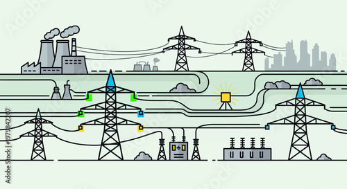 Modern Electrical Power Grid Infrastructure and Transmission Lines.