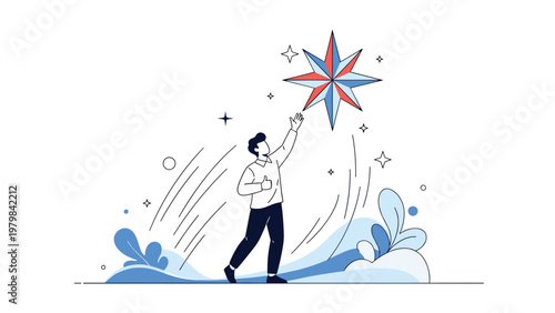 Man reaches up toward a large shining star that looks like a compass to represent finding direction and success.
