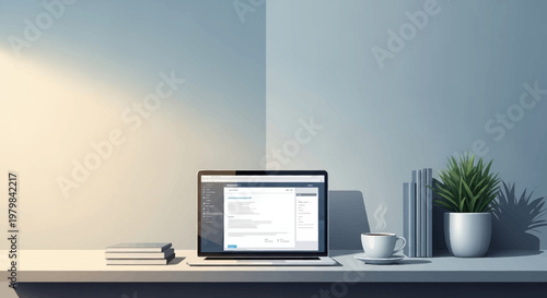 Modern Laptop on a Desk with Books and Plant.