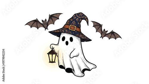 Spooky Halloween ghost wearing a witch hat and carrying a lantern flies through the dark night sky with two bats.
