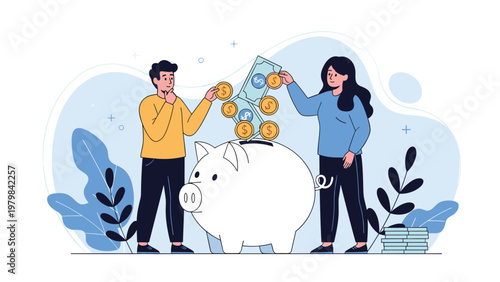 Couple works together to save money by putting various coins and dollar bills into a very large white piggy bank.