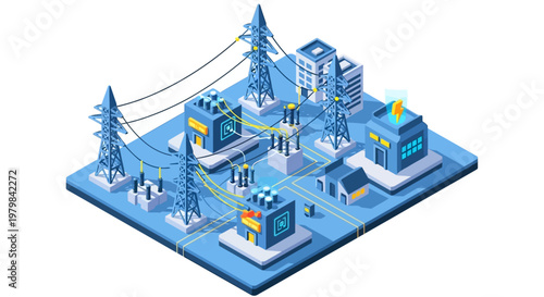 Modern Electrical Power Grid Infrastructure Isometric Illustration.