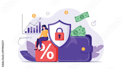 Secure financial management and investment protection featuring a woman sitting on a percentage icon next to a safe wallet and growth charts.