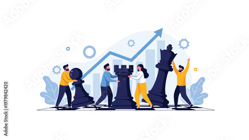 Strategic business team moving large chess pieces on a board to achieve financial growth and competitive advantage in the marketplace.