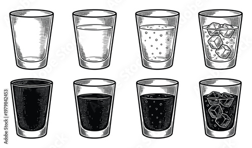 Collection of eight glasses with various drinks and ice