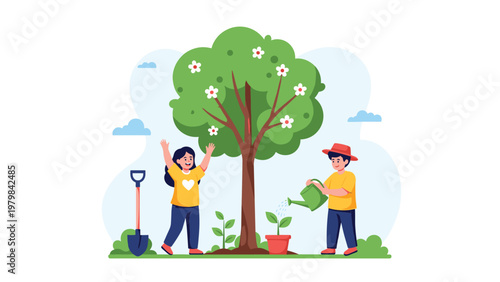 Happy children working together to plant and water a flowering tree in a park for environmental protection and nature conservation.