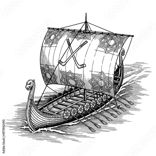 vintage viking longship sailing on calm sea line art illustration