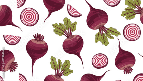 Vibrant pattern of whole and sliced red beetroots with green leaves scattered across a clean white background for culinary themes.
