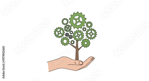 A human hand holds a brown tree trunk with various sized green gear wheels instead of leaves, symbolizing growth and industrial harmony.
