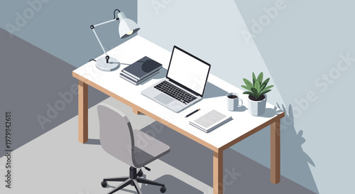 Modern Home Office Desk Setup with Laptop and Lamp.