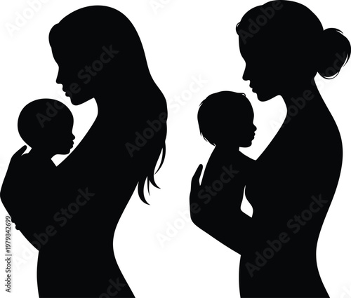 Two distinct silhouettes of mothers tenderly holding their babies representing maternal love and family bonding