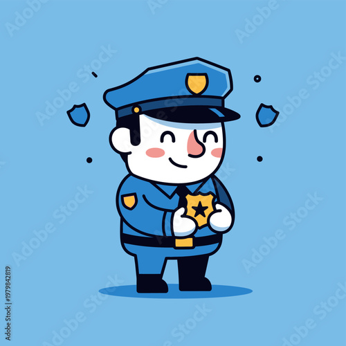 Cute cartoon police officer holding a badge with a happy expression.