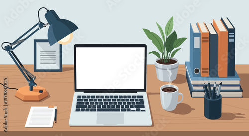 Modern Home Office Desk Setup with Laptop and Lamp.