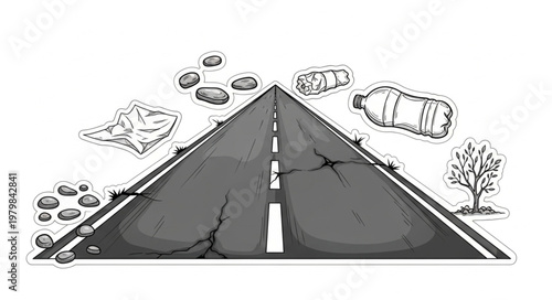 Roadside litter and debris on a cracked asphalt road.