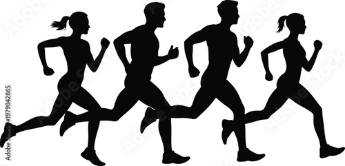 Silhouette group of diverse individuals in motion running together as a team representing fitness and health