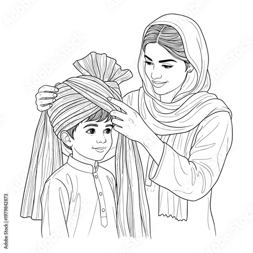 Mother tying traditional turban on young son in cultural family moment illustration