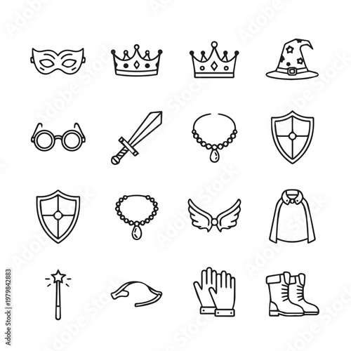 Fantasy Costume Icons: Crown Wand Mask Wings Shield Boots Sword Cape for Dress-up Play