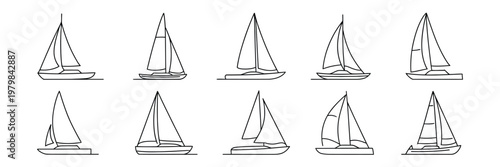 sailboat designs illustration set featuring different sail configurations rigging styles and hull variations for sailing nautical vector artwork