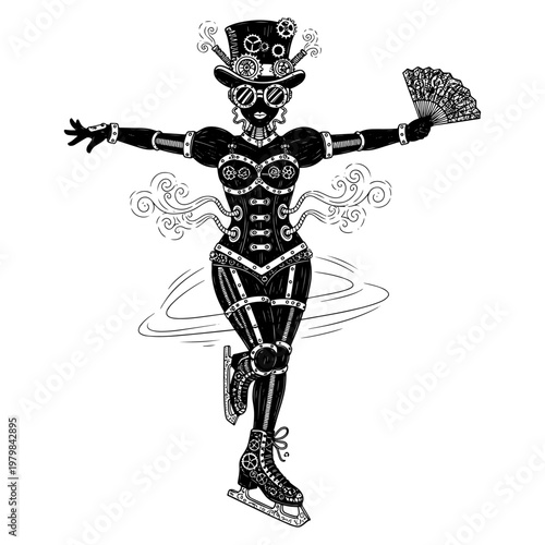 steampunk robot ice skater in dynamic pose with gears and top hat on frozen rink illustration