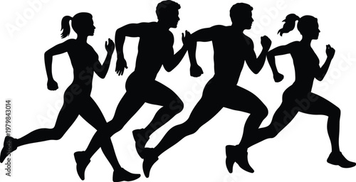Diverse group of athletic male and female runners in silhouette in motion during a race