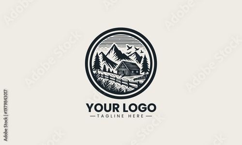Rustic mountain cabin landscape vector logo is designed with pine trees and wooden fence for outdoor adventure branding