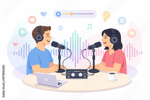 Podcast hosts illustration A man and woman recording a podcast together, with microphones and audio equipment, symbolizing communication and content creation