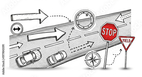 Roadway with directional arrows traffic signs and compasses illustration.