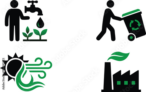 Eco friendly icons for saving the planet and reducing pollution  green and black silhouettes