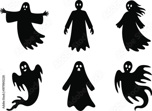 Collection of six stylized black ghost silhouettes with different expressions isolated on a white background for Halloween