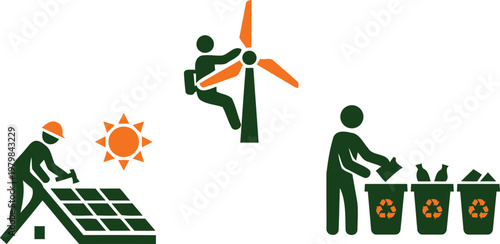 Eco friendly practices and renewable energy sources concept with people installing solar panels and wind turbines and recycling waste in bins